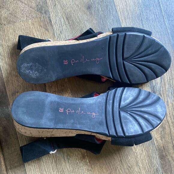 Pas De Rouge Sandals Wedge Heels Cork Suede Leather Black Gladiator Strappy - Picture 6 of 8